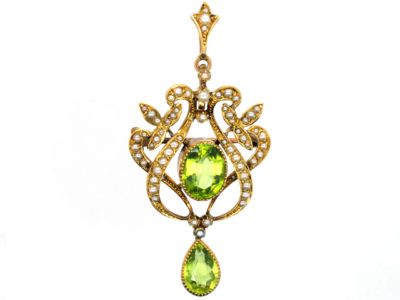 Edwardian 15ct Gold Peridot & Natural Split Pearl Pendant