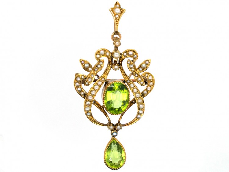 Edwardian 15ct Gold Peridot & Natural Split Pearl Pendant