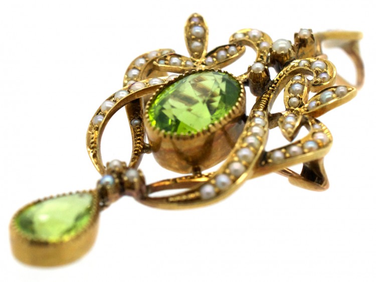 Edwardian 15ct Gold Peridot & Natural Split Pearl Pendant