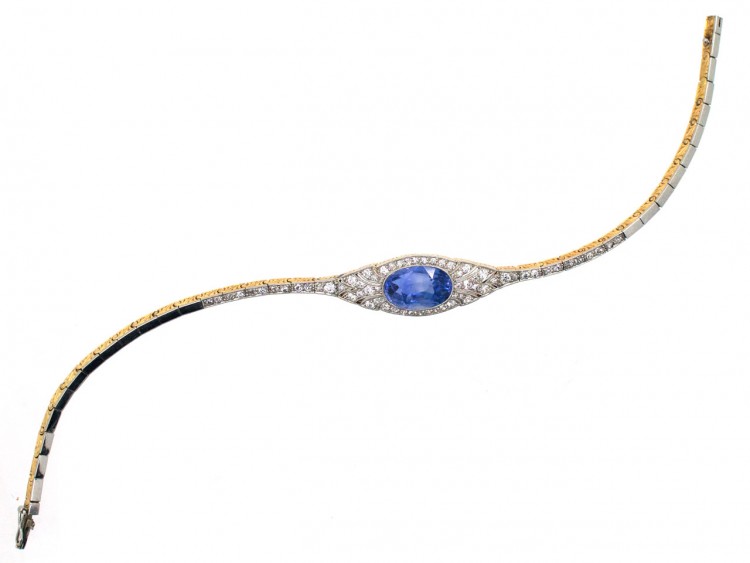 18ct Gold & Platinum Natural Ceylon Sapphire & Diamond Art Deco Bracelet