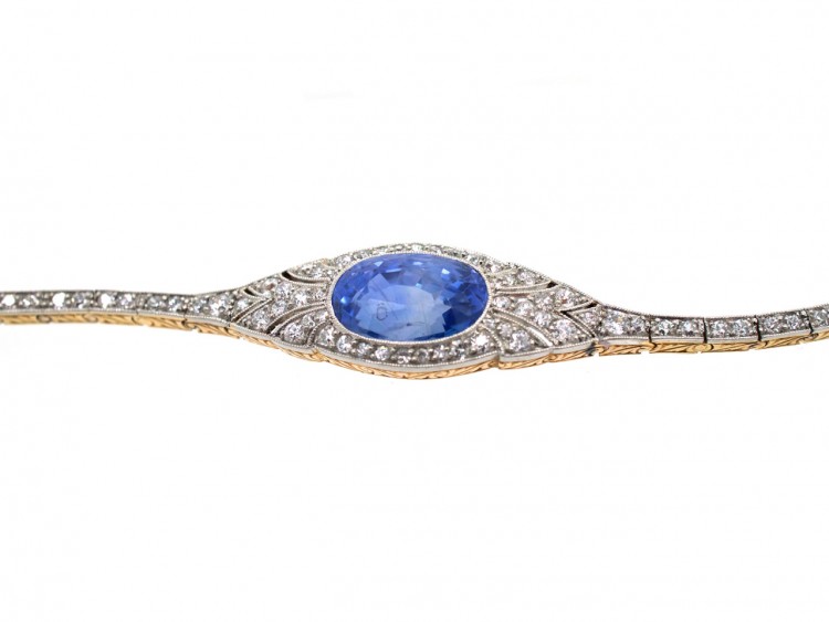 18ct Gold & Platinum Natural Ceylon Sapphire & Diamond Art Deco Bracelet