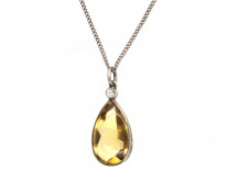 Art Deco Pear Shaped Citrine & Diamond Silver Pendant on Silver Chain