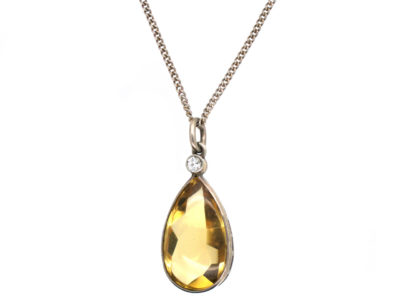 Art Deco Pear Shaped Citrine & Diamond Silver Pendant on Silver Chain