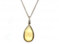 Art Deco Pear Shaped Citrine & Diamond Silver Pendant on Silver Chain