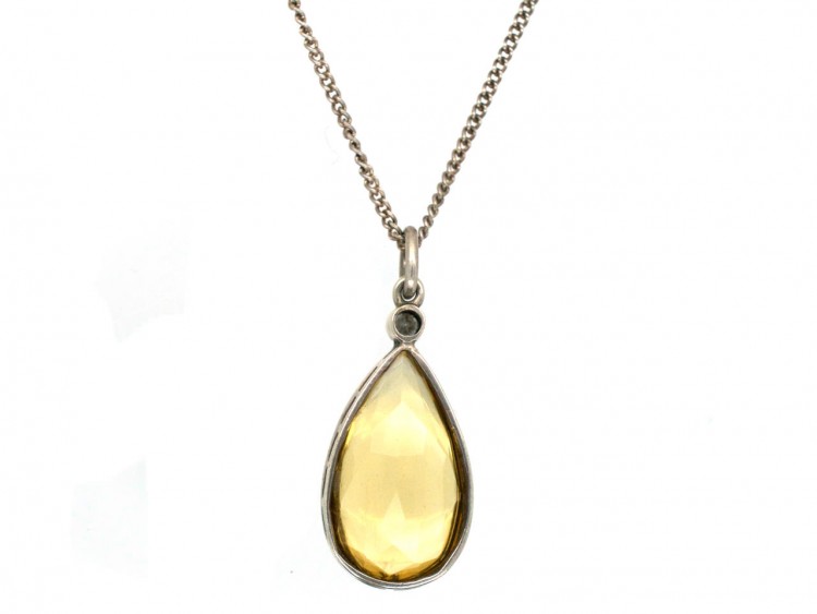 Art Deco Pear Shaped Citrine & Diamond Silver Pendant on Silver Chain