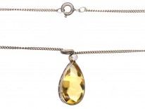 Art Deco Pear Shaped Citrine & Diamond Silver Pendant on Silver Chain