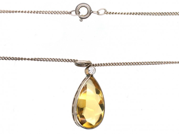 Art Deco Pear Shaped Citrine & Diamond Silver Pendant on Silver Chain