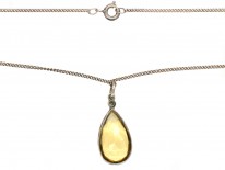 Art Deco Pear Shaped Citrine & Diamond Silver Pendant on Silver Chain