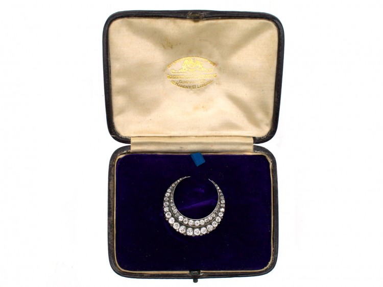Victorian Diamond Crescent Moon Brooch in Original Case