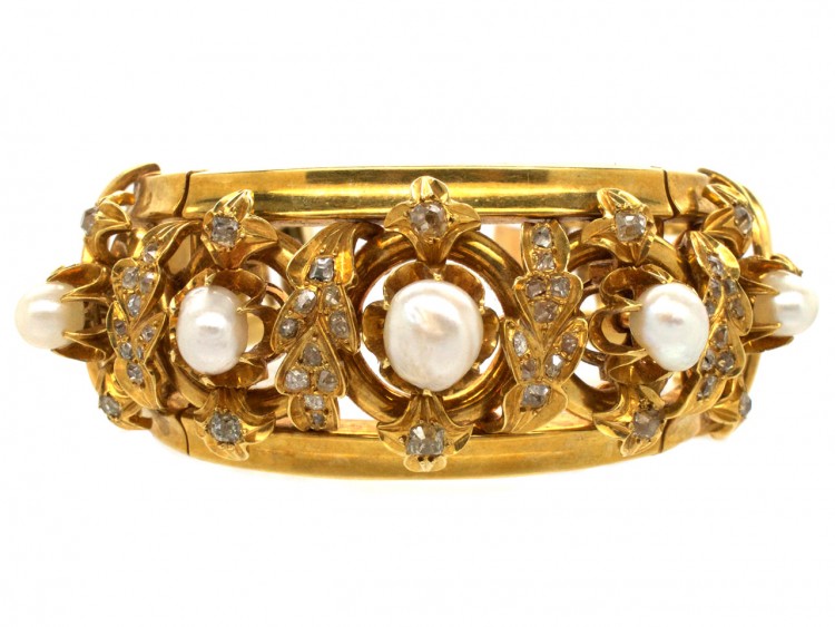 French 18ct Gold natural Pearl & Diamond Bracelet