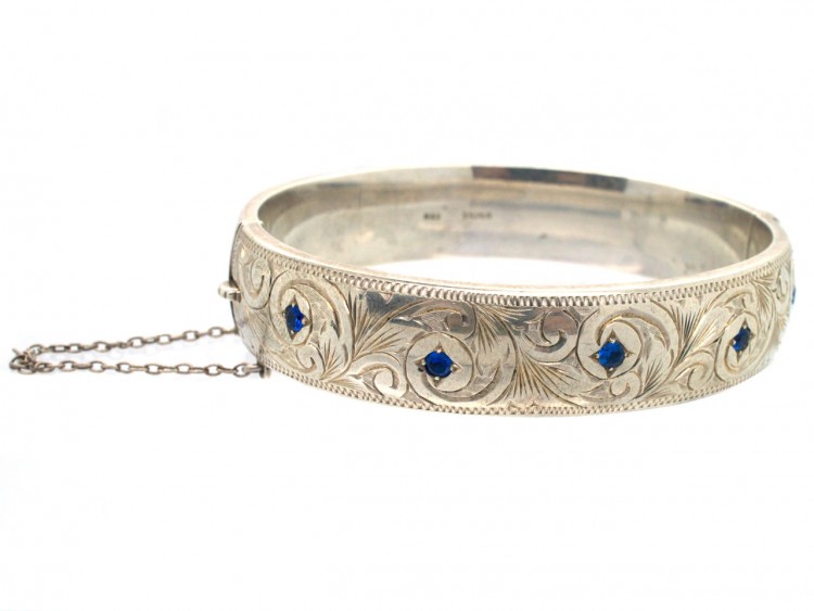 Engraved Silver 1950s Bangle Set With Sapphires