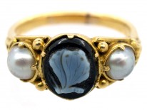 Georgian 18ct Gold, Carved Sardonyx of a Butterfly & Natural Split Pearls Mourning Ring