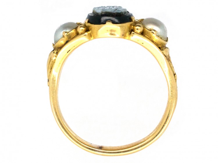 Georgian 18ct Gold, Carved Sardonyx of a Butterfly & Natural Split Pearls Mourning Ring