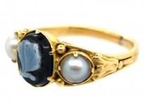 Georgian 18ct Gold, Carved Sardonyx of a Butterfly & Natural Split Pearls Mourning Ring