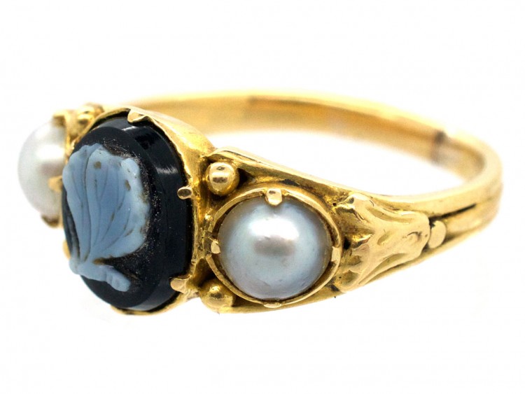 Georgian 18ct Gold, Carved Sardonyx of a Butterfly & Natural Split Pearls Mourning Ring