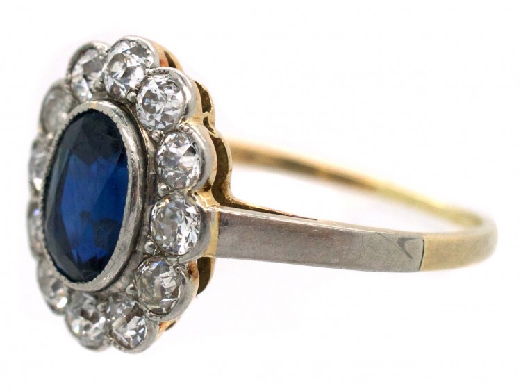 Edwardian Diamond & Sapphire Oval Cluster Ring