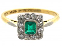 Art Deco 18ct Gold & Platinum Emerald & Diamond Rectangular Ring