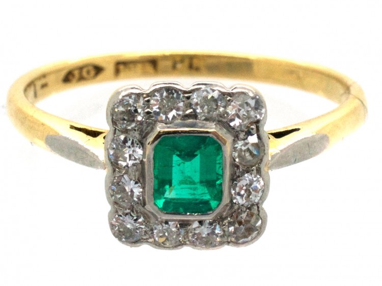 Art Deco 18ct Gold & Platinum Emerald & Diamond Rectangular Ring