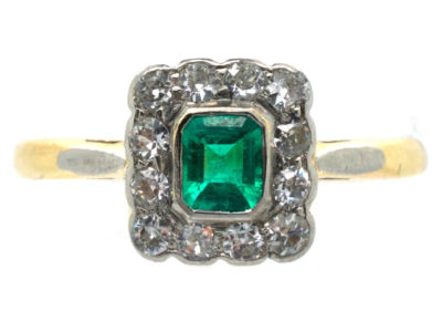 Art Deco 18ct Gold & Platinum Emerald & Diamond Rectangular Ring