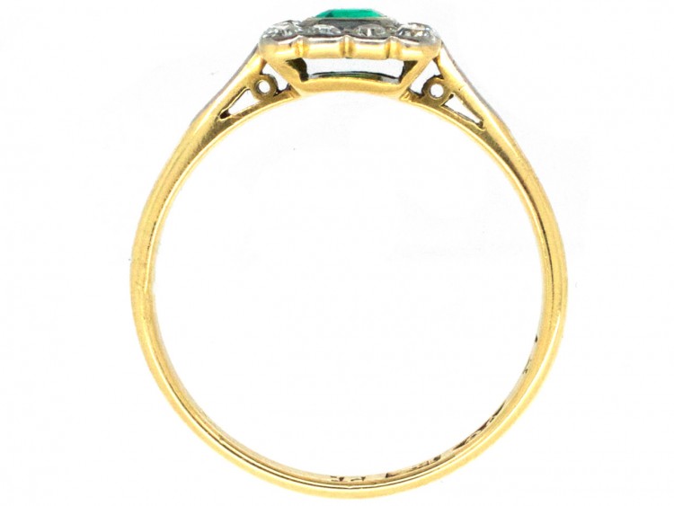 Art Deco 18ct Gold & Platinum Emerald & Diamond Rectangular Ring