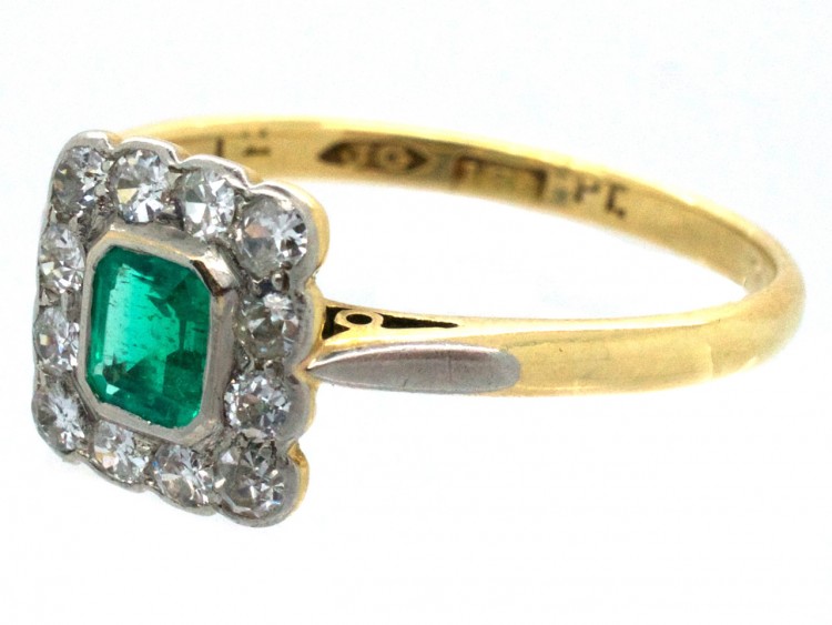 Art Deco 18ct Gold & Platinum Emerald & Diamond Rectangular Ring
