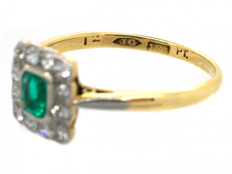 Art Deco 18ct Gold & Platinum Emerald & Diamond Rectangular Ring