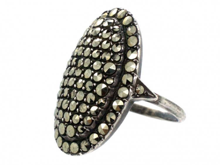Art Deco Large Silver & Marcasite Oval Ring