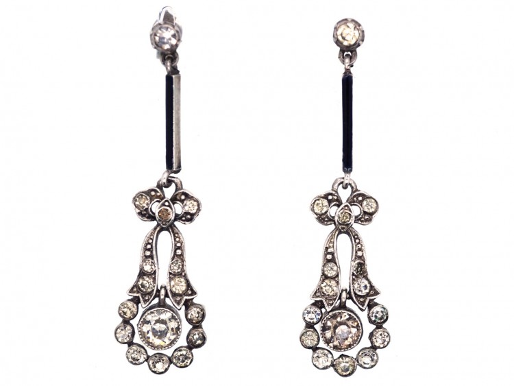Art Deco Silver, Paste & Black Enamel Drop Earrings