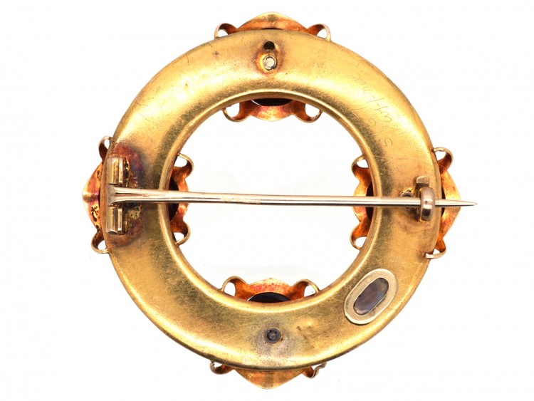Victorian 18ct Gold Holbeinesque Brooch with Green Enamel, Garnets & Diamonds
