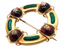 Victorian 18ct Gold Holbeinesque Brooch with Green Enamel, Garnets & Diamonds