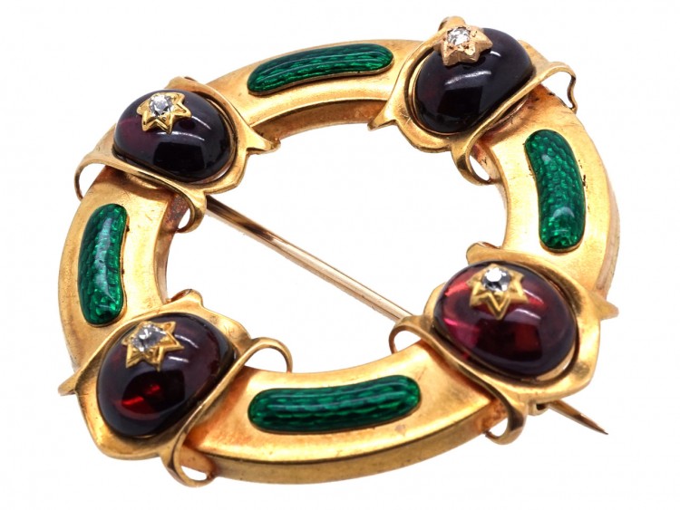 Victorian 18ct Gold Holbeinesque Brooch with Green Enamel, Garnets & Diamonds