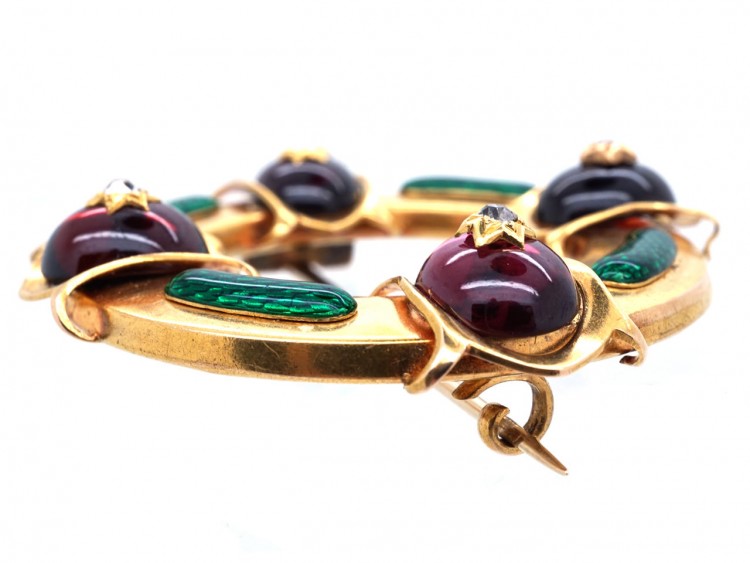 Victorian 18ct Gold Holbeinesque Brooch with Green Enamel, Garnets & Diamonds