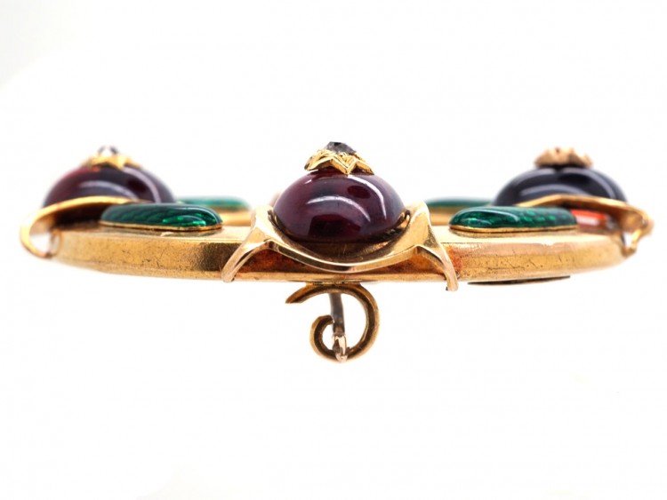 Victorian 18ct Gold Holbeinesque Brooch with Green Enamel, Garnets & Diamonds