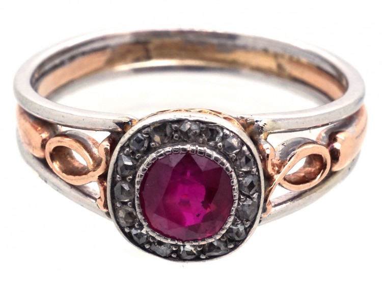 Edwardian Ruby & Rose Cluster Diamond Ring