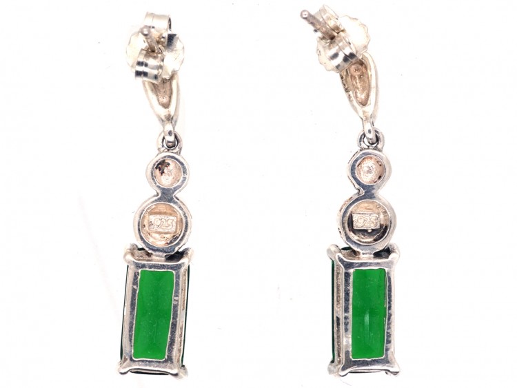 Art Deco Silver, Marcasite & Green Paste Drop Earrings