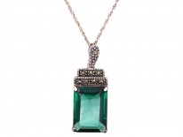 Art Deco Silver, Marcasite & Green Paste Pendant on Silver Chain