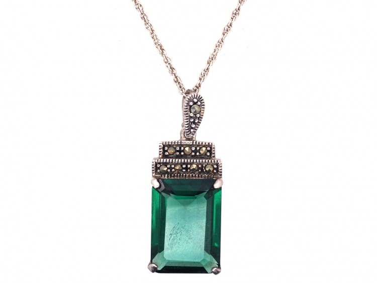 Art Deco Silver, Marcasite & Green Paste Pendant on Silver Chain