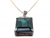 Art Deco Silver, Marcasite & Green Paste Pendant on Silver Chain