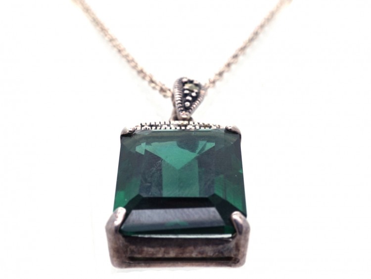 Art Deco Silver, Marcasite & Green Paste Pendant on Silver Chain