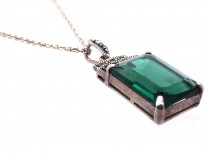 Art Deco Silver, Marcasite & Green Paste Pendant on Silver Chain
