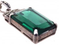 Art Deco Silver, Marcasite & Green Paste Pendant on Silver Chain