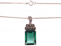 Art Deco Silver, Marcasite & Green Paste Pendant on Silver Chain