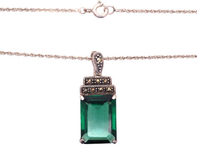 Art Deco Silver, Marcasite & Green Paste Pendant on Silver Chain