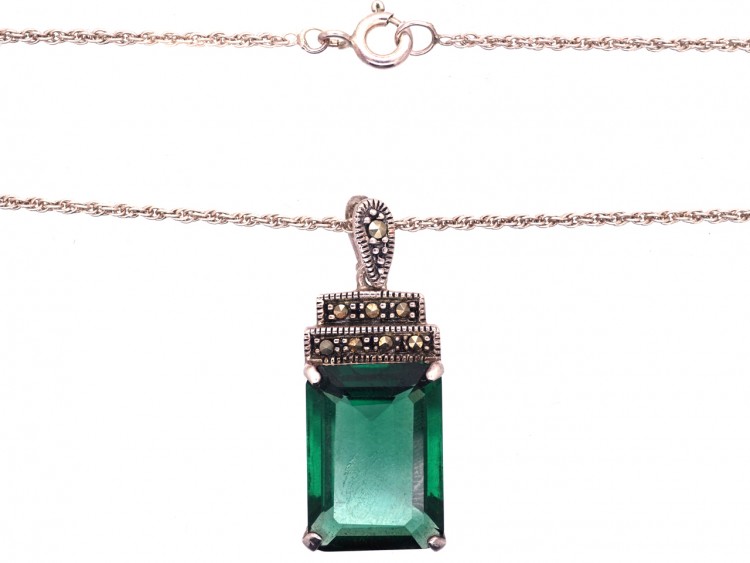 Art Deco Silver, Marcasite & Green Paste Pendant on Silver Chain