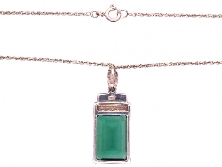 Art Deco Silver, Marcasite & Green Paste Pendant on Silver Chain