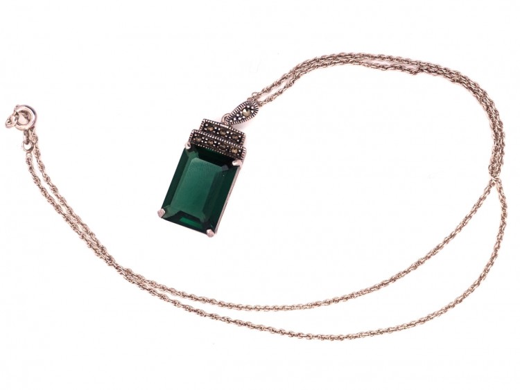 Art Deco Silver, Marcasite & Green Paste Pendant on Silver Chain
