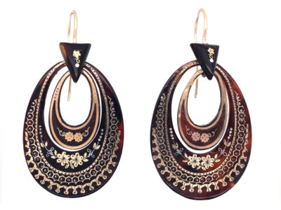 Victorian Tortoiseshell Pique Earrings Inlaid With Silver & Gold