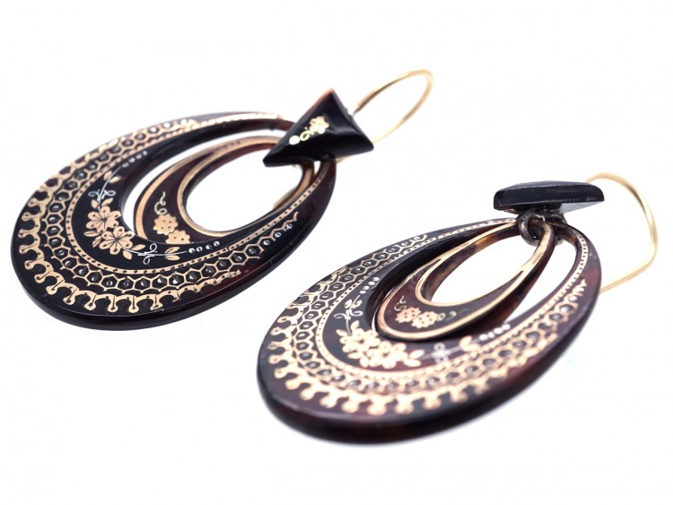 Victorian Tortoiseshell Pique Earrings Inlaid With Silver & Gold