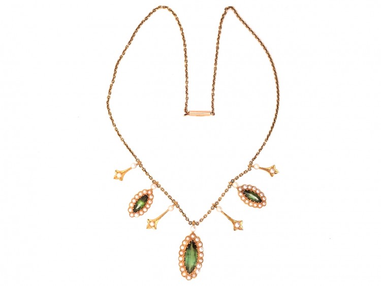 Edwardian 15ct Gold, Green Tourmaline & Natural Split Pearls Necklace