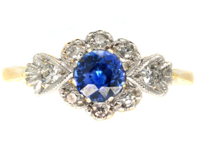 Art Deco Sapphire & Diamond Cluster Ring with Diamond Shoulders